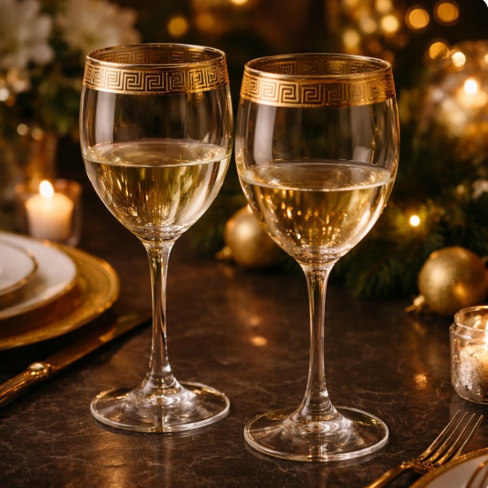 New Vintage Italian Crystal Wine Champagne Glasses With Gold Trim Greek Design